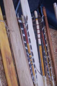 Selection of feather tipped arrows and wooden bows.